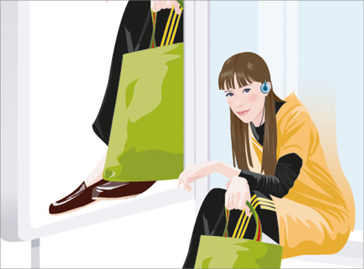 دانلود وکتور کارتونی دختر جوان پس از خرید نشسته در کنار آینه