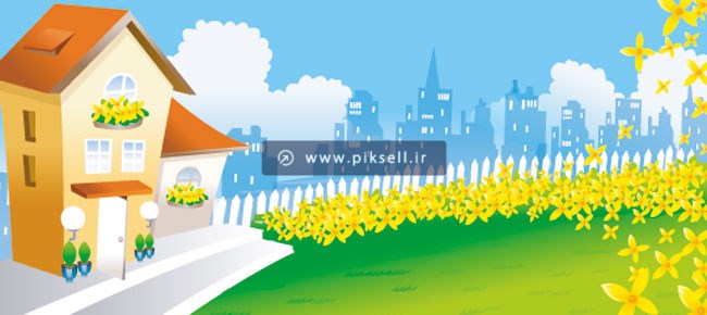 فایل لایه باز وکتور بکگراند کارتونی خانه ویلایی و حیاط سبز
