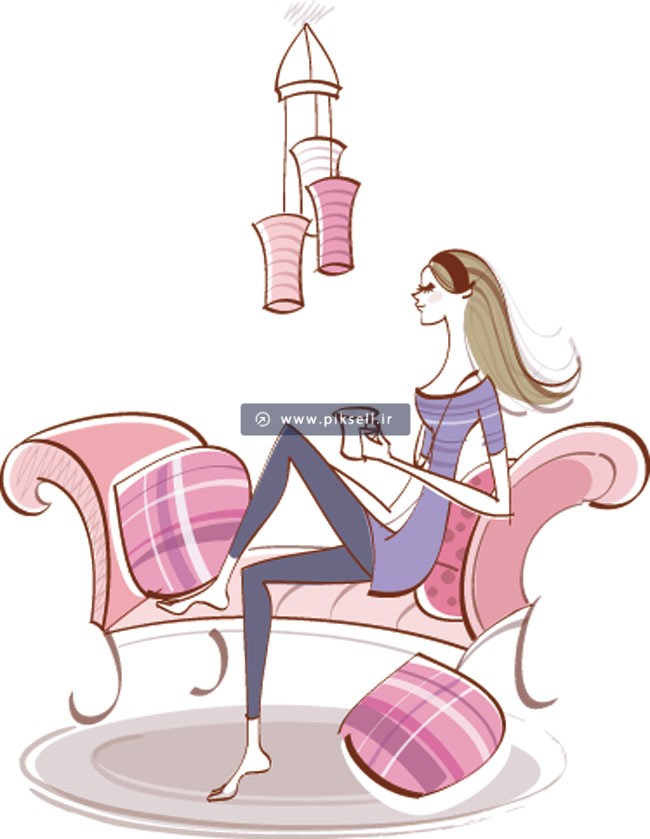 وکتور طرح کارتونی دختر جوان نشسته روی مبل در حال خوردن قهوه