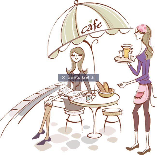 فایل لایه باز کارتونی دختر جوان در کافه نشسته در کنار میز
