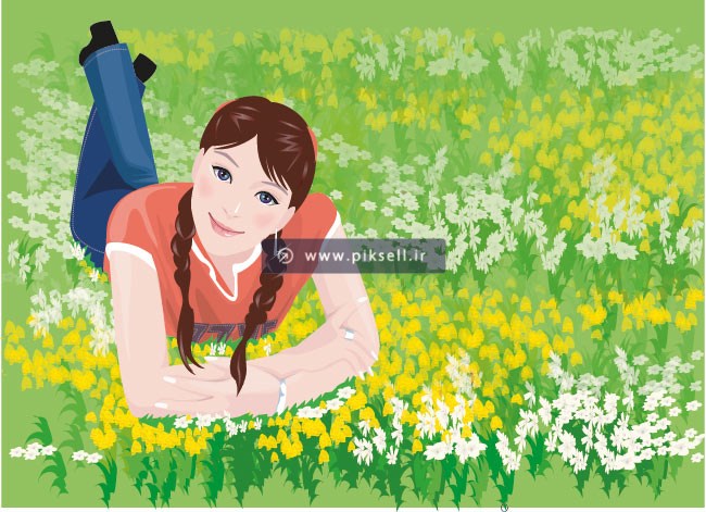 وکتور با طرح کارتونی دختر جوان عاشق خوابیده در گلزار