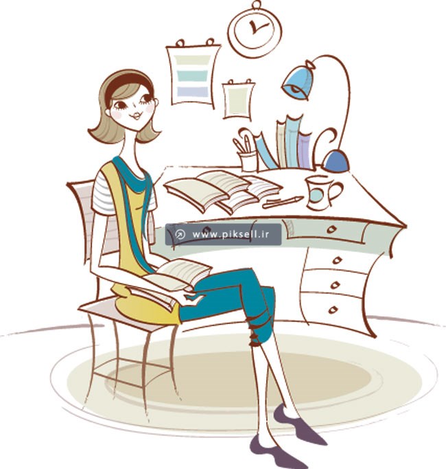 وکتور طرح کارتونی دختر جوان نشسته روی صندلی در حال مطالعه