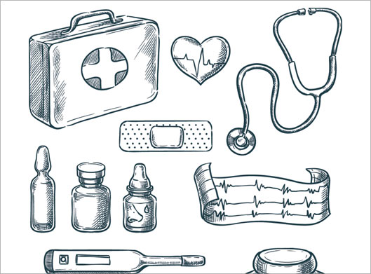 وکتور لایه باز سیاه و سفید المان ها و ابزارهای پزشکی