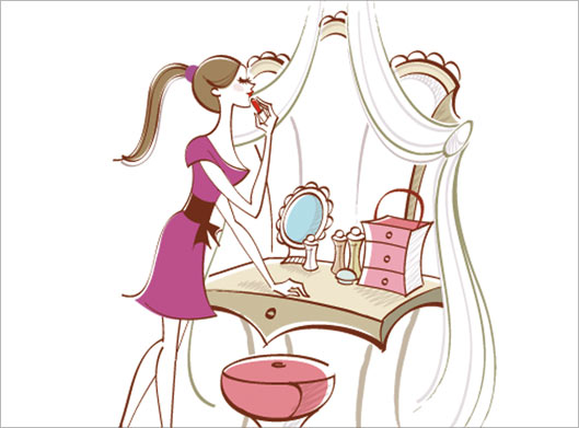 طرح وکتور کارتونی دختر جوان در حال آرایش جلوی میز آرایش