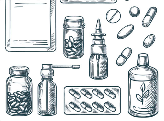 دانلود وکتور مجموعه طرح های سیاه و سفید نقاشی شده دارو و drug