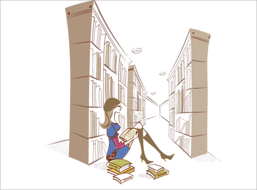 فایل لایه باز وکتوری کارتونی دختر جوان نشسته در کتابخانه در حال مطالعه