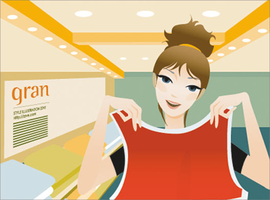 فایل گرافیکی دختر جوان در حال اندازه گرفتن لباس برای خرید