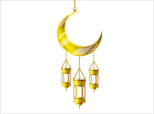 دانلود وکتور لایه باز طرح ماه و فانوس های طلایی ماه رمضان