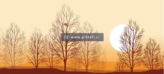 طرح لایه باز منظره غروب و درختان خشک شده