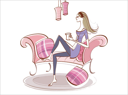 وکتور طرح کارتونی دختر جوان نشسته روی مبل در حال خوردن قهوه