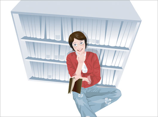 وکتور با طرح گرافیکی دختری در حال فکر کردن در کتابخانه