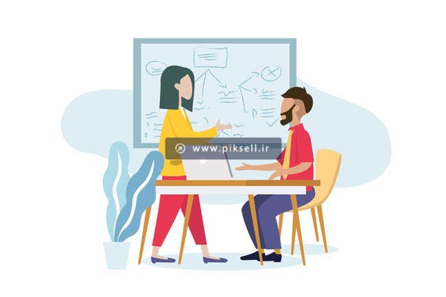 طرح کارتونی با موضوع شرکت و کارمند در حال کار با لپ تاپ