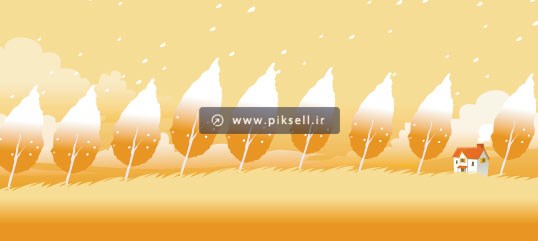 بکگراند کارتونی با طرح منظره پاییزی نارنجی و درختان در طوفان