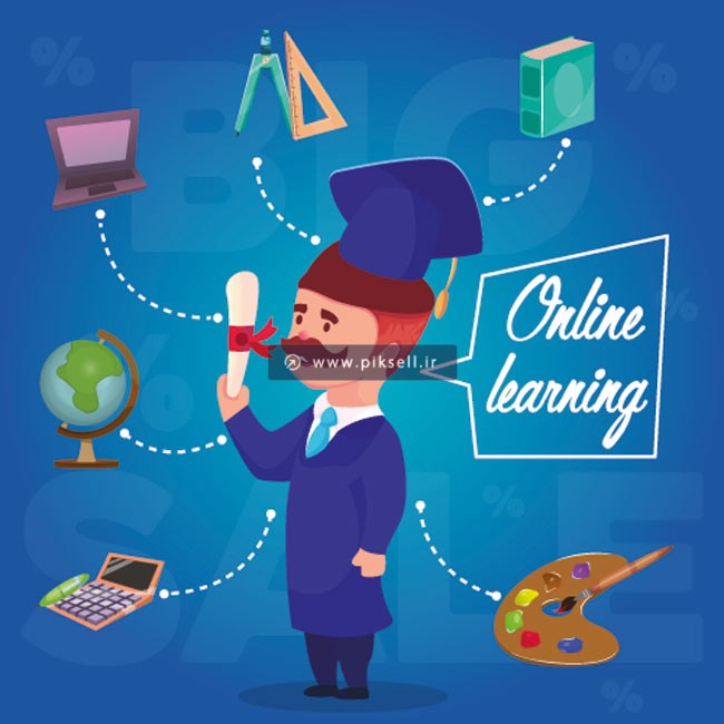 وکتور طرح کارتونی مرد فارغ التحصیل شده یا آموزش آنلاین