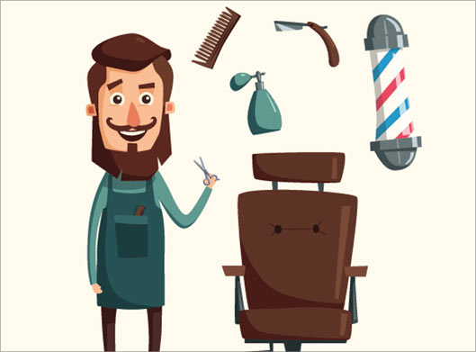 وکتور طرح کارتونی پیرایشگر جوان و ابزارهای آرایشگری