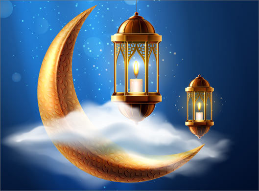 فایل لایه باز وکتور پس زمینه با طرح فانوس های طلایی و ماه طلایی (ماه مبارک رمضان)