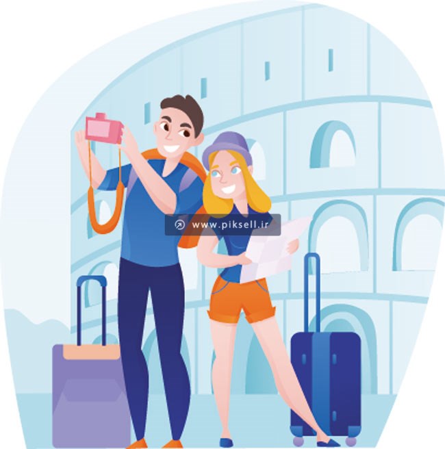 وکتور طرح کارتونی زن و شوهر جوان در حال  سلفی گرفتن در کنار برج پیزای ایتالیا