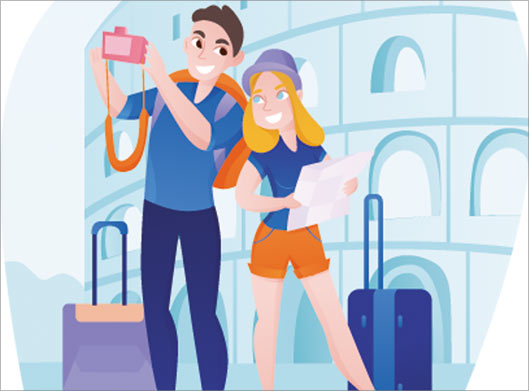 وکتور طرح کارتونی زن و شوهر جوان در حال  سلفی گرفتن در کنار برج پیزای ایتالیا