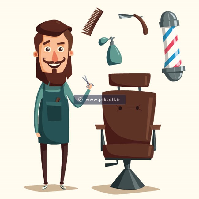 وکتور طرح کارتونی پیرایشگر جوان و ابزارهای آرایشگری