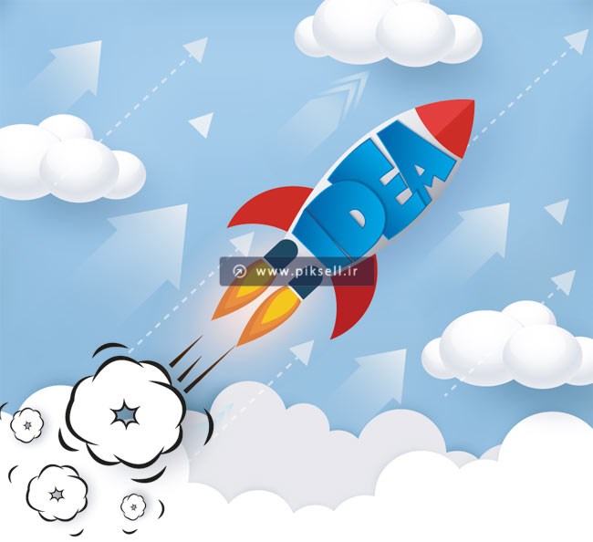 دانلود وکتور بنر با موضوع استارتاپ (Startup) با المان موشک در حال پرواز