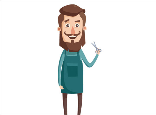 وکتور طرح کاراکتر کارتونی مرد آرایشگر و قیچی در دست