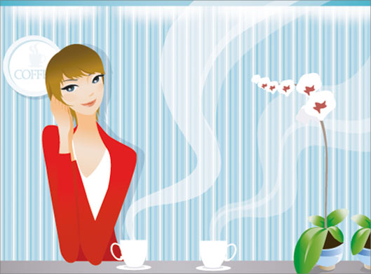 طرح وکتور کارتونی دختر جوان و دو فنجای چایی