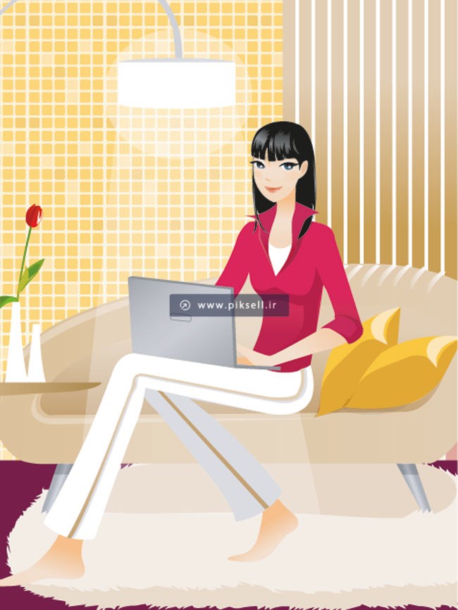 فایل لایه باز پس زمینه کارتونی دختر جوان در حال کار با لپ تاپ در خانه