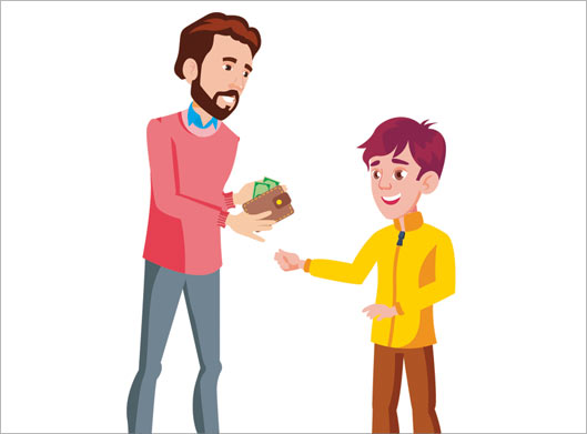 وکتور طرح کارتونی و گرافیکی پدر در حال پول دادن به پسر