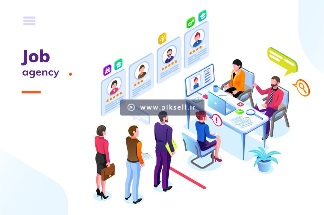 وکتور طرح بنر ایزومتریک با موضوع صف انتظار برای استخدام