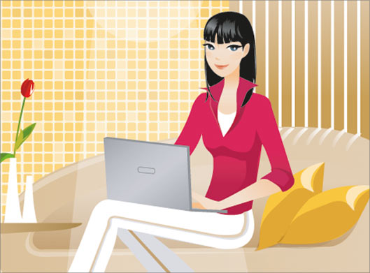 فایل لایه باز پس زمینه کارتونی دختر جوان در حال کار با لپ تاپ در خانه