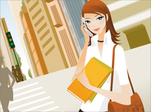 فایل لایه باز کارتونی زن جوان در حال مکالمه با تلفن همراه در خیابان