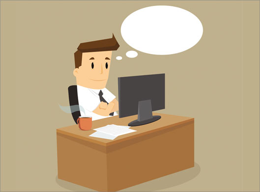 دانلود وکتور طرح کارتونی کارمند پشت میز در حال فکر کردن