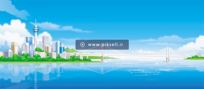 طرح لایه باز منظره گرافیکی دریا و شهر ساحلی با فرمتهای eps و ai (وکتور)