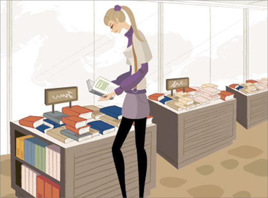 دانلود فایل وکتور لایه باز دختر جوان در فروشگاه کتاب و کتاب فروشی