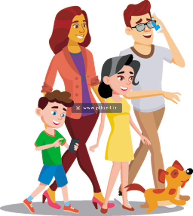 وکتور با طرح کارتونی کاراکترهای خانواده شاد شامل پدر و مادر ، بچه ها و سگ
