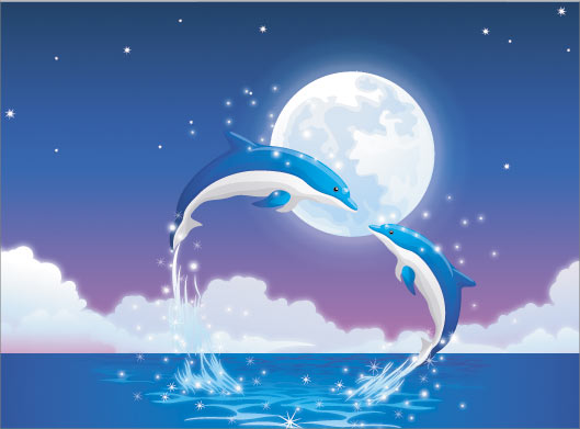 دانلود کتور لایه باز طرح گرافیکی دو دولفین عاشق در شب مهتابی با فرمتهای eps و ai