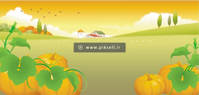 دانلود وکتور لایه باز منظره گرافیکی روستایی و کدو تنبلها با فرمتهای eps و ai