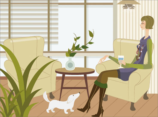 فایل لایه باز وکتور طرح کارتونی و گرافیکی دختر جوان نشسته روی مبل در خانه با فرمتهای eps و ai