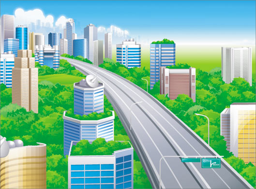 طرح گرافیکی لایه باز نمای شهر ، اتوبان و ساختمان های بلند با فرمت های eps و ai