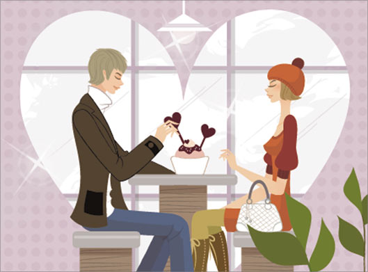 فایل وکتور لایه باز طرح گرافیکی و کارتونی زوج جوان در کافی شاپ در حال خوردن کیک