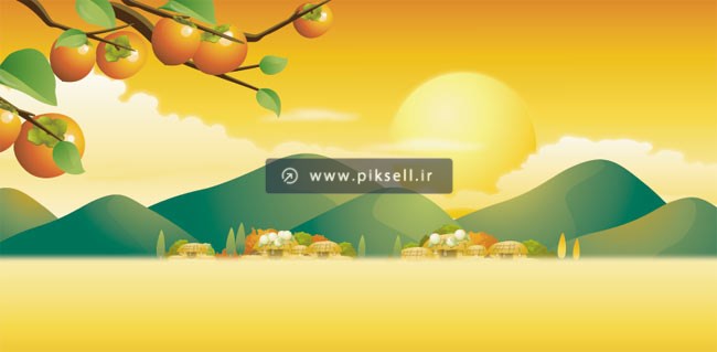 وکتور لایه باز طرح گرافیکی منظره روستا و دهکده و درخت خرمالو