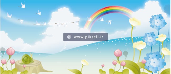 دانلود فایل وکتور لایه باز منظره گرافیکی بهاری ، رنگین کمان و گل و شکوفه با فرمتهای eps و ai