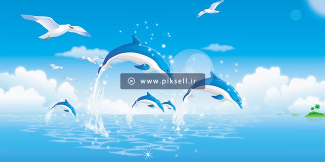 دانلود طرح گرافیکی و کارتونی دریا و دلفین های آبی