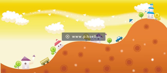 دانلود طرح لایه باز وکتور پس زمینه کارتونی شهری روی تپه و خانه ها و ماشین