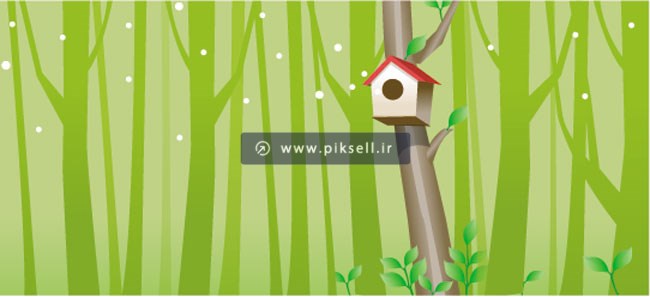 دانلود وکتور لایه باز طرح گرافیکی و کارتونی جنگل و خانه گنجشک با پسوندهای eps و ai