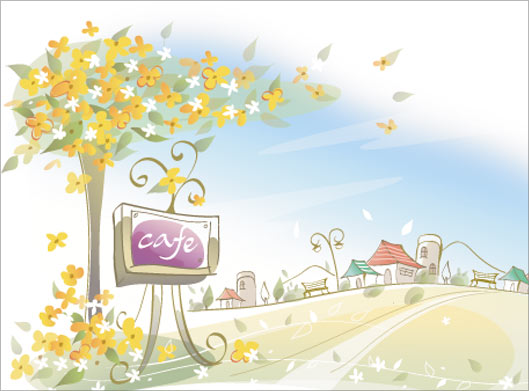دانلود فایل وکتور پس زمینه کارتونی نمای شهر و تابلوی کافی با فرمتهای eps و ai