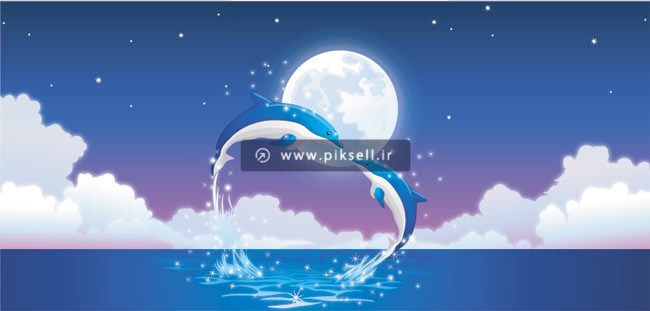دانلود کتور لایه باز طرح گرافیکی دو دولفین عاشق در شب مهتابی با فرمتهای eps و ai