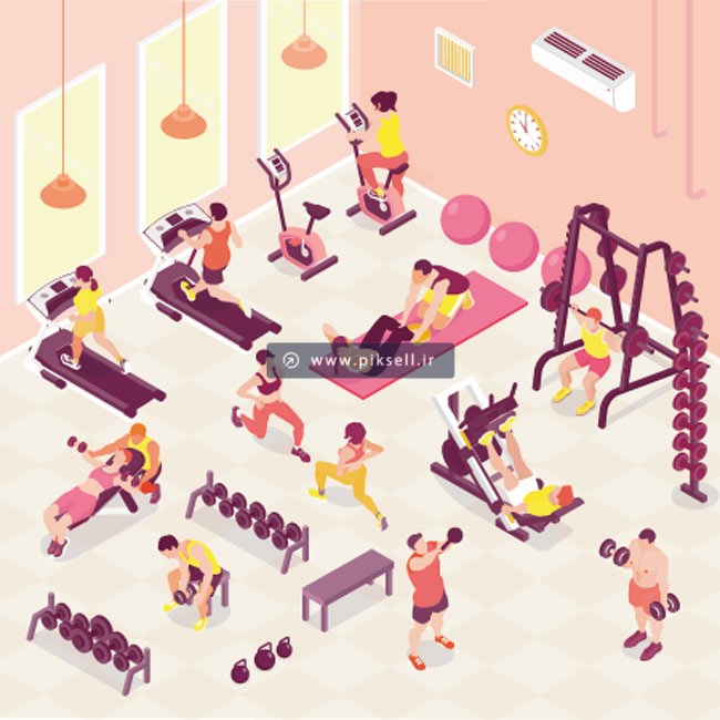 وکتور لایه باز طرح ایزومتریک باشگاه بدنسازی و gym و بادی بیلدینگ