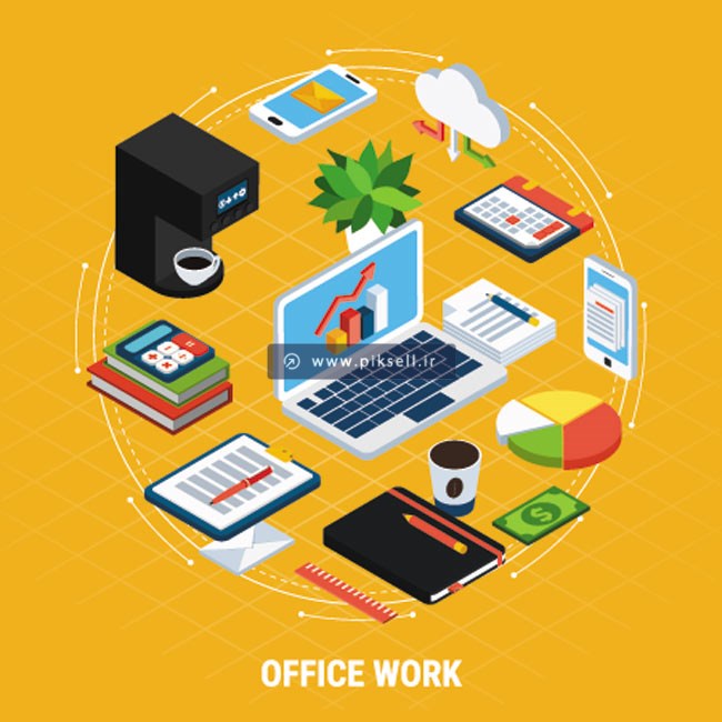 وکتور لایه باز طرح ایزومتریک المان های وابسته به کامپیوتر یا Office Work