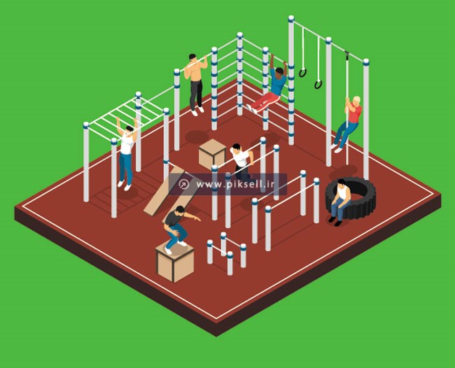 دانلود وکتور لایه باز طرح ایزومتریک با موضوع سالن ورزش و تمرین